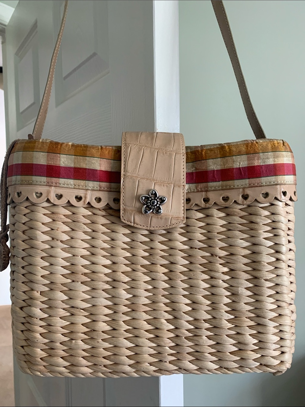 Brighton Beige Woven Shoulder Bag with Red Plaid Accent